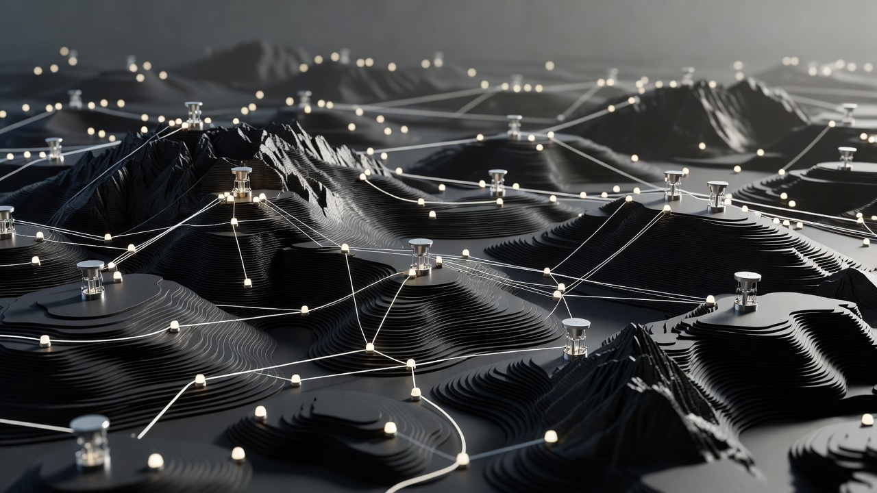 Cinematic topographic resource map linked by a network of illuminated sensor nodes